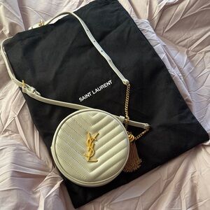 Saint Laurent Cream Round Crossbody Bag with Gold Accents